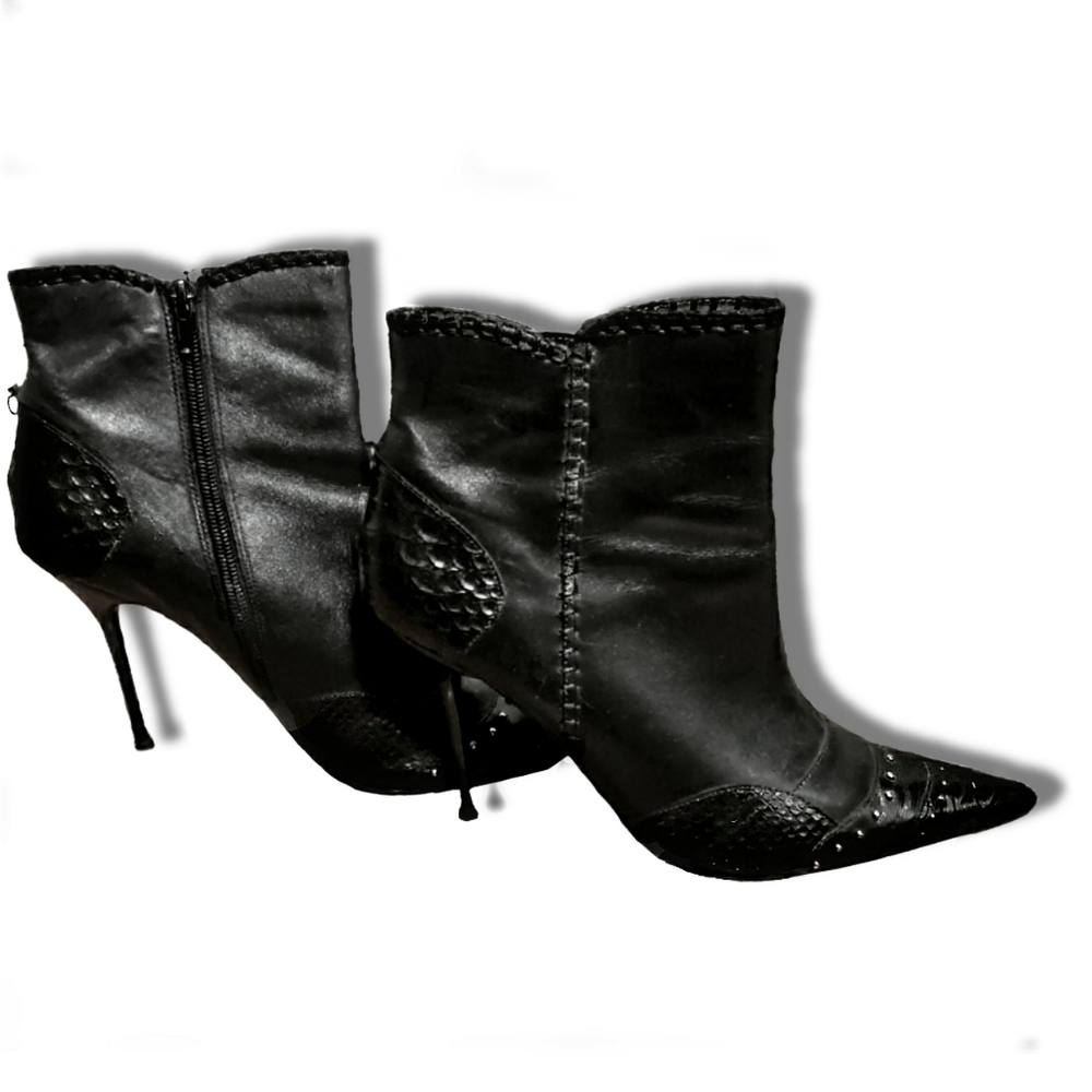 Studded Black Leather Heeled Booties